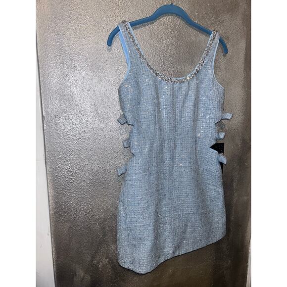 Self-Portrait Cocktail Wedding Prom Powder Blue Tweed Sequin Beaded Mini Dress - Picture 3 of 11